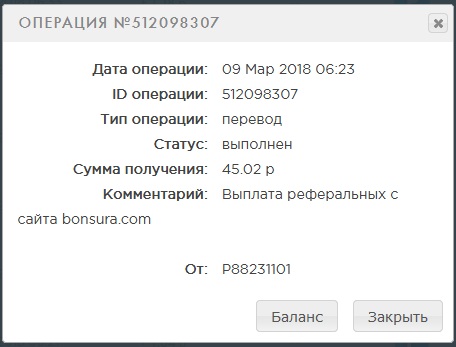 Реферальная выплата 45.02 руб. bonsura